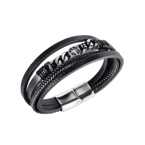 Bracciale Multistrato in Pelle Nera da Uomo Catena in Acciaio Inossidabile Chiusura Magnetica Hip Hop Vintage Bussola Stella Gioielli