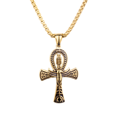 Vintage Egyptian Ankh Cross Pendant Necklace Titanium Steel Scarab Wing Embossed Totem Hip Hop Religious Jewelry For Men Women