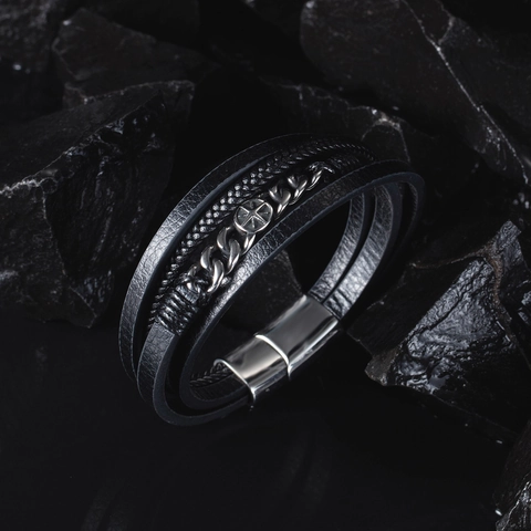 Bracciale Multistrato in Pelle Nera da Uomo Catena in Acciaio Inossidabile Chiusura Magnetica Hip Hop Vintage Bussola Stella Gioielli