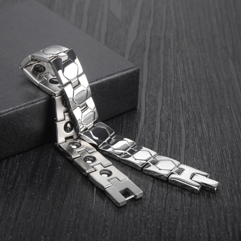 Herren Magnettherapie Gesundheits Armband Edelstahl Poliert Geometrisches Sechseck Gliederarmband Mit Schwarzen Magnetsteinen