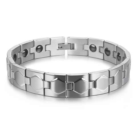 Herren Magnettherapie Gesundheits Armband Edelstahl Poliert Geometrisches Sechseck Gliederarmband Mit Schwarzen Magnetsteinen