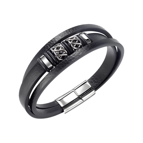 Herren Mode Mehrschichtiges Schwarzes Lederarmband Mit Edelstahl Magnetverschluss Keltischer Knoten Geflochtener Punk Armreif Schmuck
