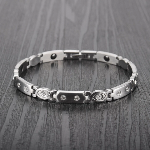 Bracciale in Acciaio Inossidabile con Strass Minimalista per Uomo Donna Cura della Salute Magnetica Catena a Maglie Malocchio Argento