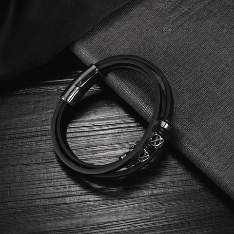 Herren Mode Mehrschichtiges Schwarzes Lederarmband Mit Edelstahl Magnetverschluss Keltischer Knoten Geflochtener Punk Armreif Schmuck