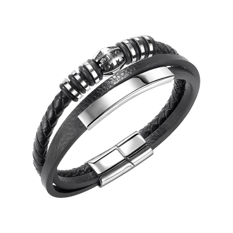 Bracciale da Uomo Moda Multistrato in Pelle Artificiale Con Chiusura Magnetica in Acciaio Inossidabile Polsino in Pelle Nera Intrecciata Gioielli Punk Regalo