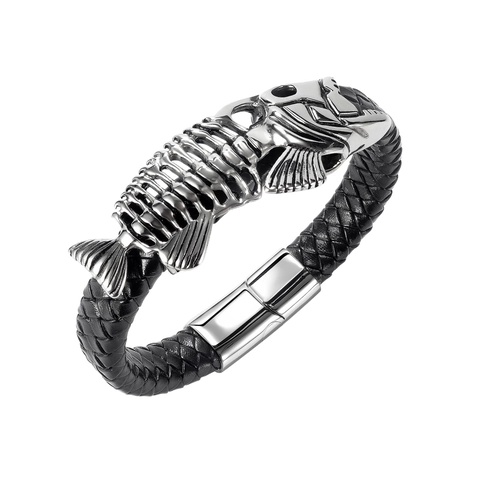 Hip Hop Herren Edelstahl Fischgräte Armband Vintage Punk Schwarz Geflochtenes Leder Armreif Polierter Metall Schmuck Geschenk