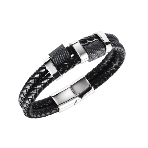 Bracciale da Uomo Retrò in Pelle Intrecciata a Doppio Strato Con Anelli Zigrinati in Acciaio Inossidabile Chiusura Magnetica