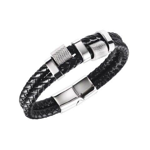 Bracciale da Uomo Retrò in Pelle Intrecciata a Doppio Strato Con Anelli Zigrinati in Acciaio Inossidabile Chiusura Magnetica