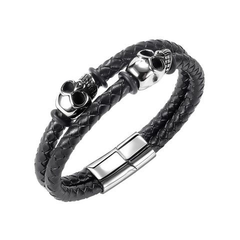 Bracciale da Uomo in Pelle Intrecciata Punk Multistrato in Acciaio al Titanio con Ciondolo a Teschio Chiusura Magnetica Gioielli Gothic Rock