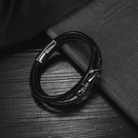 Herren Mehrlagiges Geflochtenes Lederarmband Edelstahl Anker Anhänger Magnetverschluss Nautischer Punk Stil Schmuck