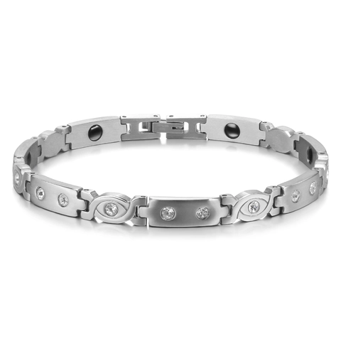 Bracciale in Acciaio Inossidabile con Strass Minimalista per Uomo Donna Cura della Salute Magnetica Catena a Maglie Malocchio Argento