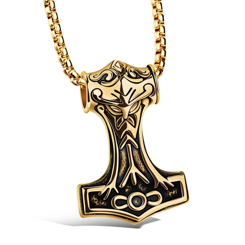 Collana con Ciondolo Martello di Thor Mjolnir Vichingo Vintage per Uomo Acciaio al Titanio Gioielli Totem in Rilievo