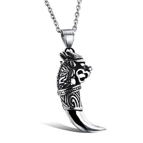 Collana con Ciondolo a Testa di Drago e Dente di Lupo Retro in Acciaio Inossidabile Stile Punk Rock Gioielli da Uomo