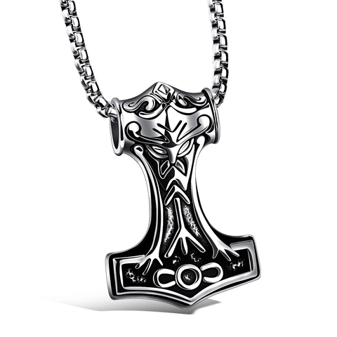 Collana con Ciondolo Martello di Thor Mjolnir Vichingo Vintage per Uomo Acciaio al Titanio Gioielli Totem in Rilievo