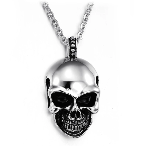 Gothic Punk Skull Pendant Necklace For Men Titanium Steel Polished Biker Jewelry Halloween Gift Silver Skull Head Necklace
