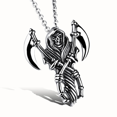 Collar con Colgante de la Parca Gótica de Acero Inoxidable Calavera Doble Guadaña Joyería Punk Rock para Hombre