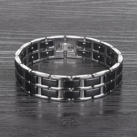 Bracelet Magnétique Homme en Acier Inoxydable et Céramique Design à Maillons Larges Style Business Bijoux Cadeau