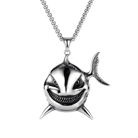 Vintage Edelstahl Haikopf Anhänger Halskette Für Herren Punk Stil Silber Tier Übertriebenes Lächeln Schmuck Geschenk