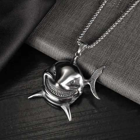 Vintage Edelstahl Haikopf Anhänger Halskette Für Herren Punk Stil Silber Tier Übertriebenes Lächeln Schmuck Geschenk