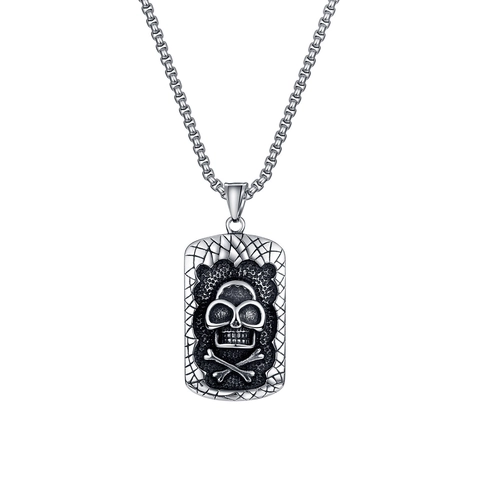 Vintage Titanium Steel Skull Square Plate Pendant Necklace For Men Gothic Punk Street Style Antique Silver Jewelry