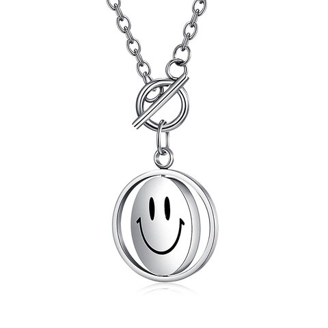 Titanium Steel Rotatable Smiley Sad Face Pendant Necklace For Men Women Unisex Hip Hop Jewelry With Toggle Clasp Polished Silver