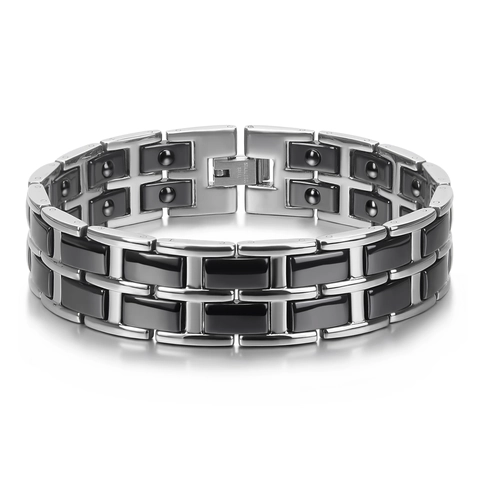 Bracelet Magnétique Homme en Acier Inoxydable et Céramique Design à Maillons Larges Style Business Bijoux Cadeau