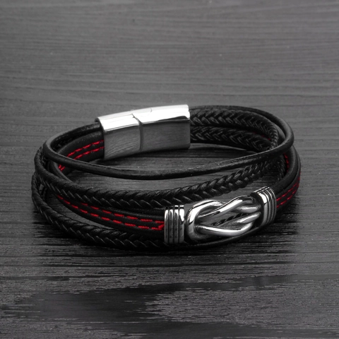 Bracciale da Uomo in Pelle Intrecciata Multistrato Chiusura Magnetica in Acciaio Inox Cordino Nero con Cuciture Rosse Punk