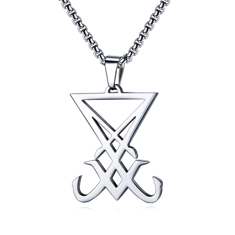 Collana con Ciondolo Sigillo di Lucifero in Acciaio Inossidabile Gotico per Uomo Gioielli Religiosi Punk Mistici Nero Oro