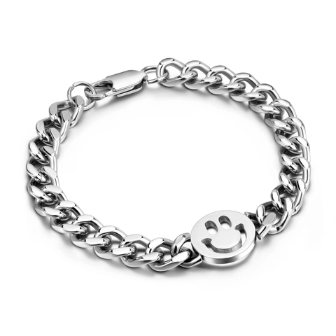 Hip Hop Stainless Steel Curb Chain Bracelet For Men Women Polished Silver Bracelet With Smiley Face Lightning Pendant Jewelry