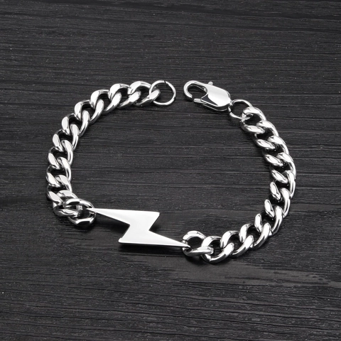 Hip Hop Stainless Steel Curb Chain Bracelet For Men Women Polished Silver Bracelet With Smiley Face Lightning Pendant Jewelry