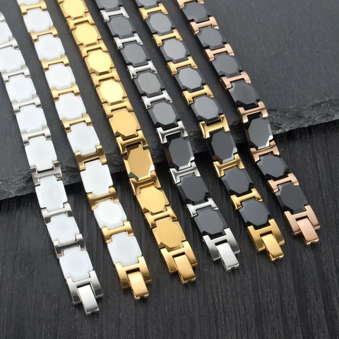 Bracciale Magnetico da Uomo in Acciaio Inossidabile e Ceramica Minimalista a Maglie Geometriche Bio Magnete Gioielli Regalo