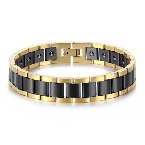 Braccialetto Magnetico da Uomo in Acciaio Inossidabile e Ceramica Terapia del Benessere Polsino Elegante Gioiello Geometrico Lucido