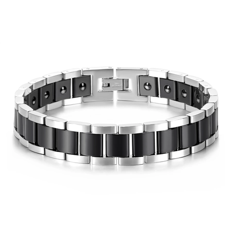 Braccialetto Magnetico da Uomo in Acciaio Inossidabile e Ceramica Terapia del Benessere Polsino Elegante Gioiello Geometrico Lucido