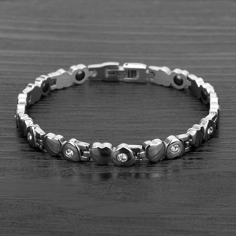 Bracciale Magnetico in Acciaio al Titanio Donna Maglia a Cuore con Strass Intarsiati Argento Lucido Gioielli Regalo di Moda