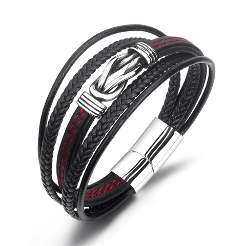 Bracciale da Uomo in Pelle Intrecciata Multistrato Chiusura Magnetica in Acciaio Inox Cordino Nero con Cuciture Rosse Punk
