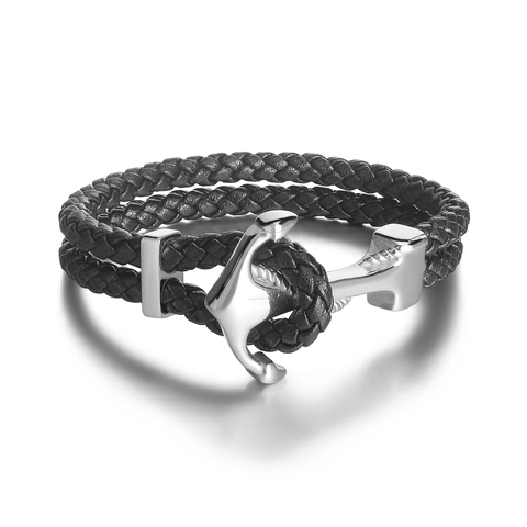 Braccialetto in Pelle Intrecciata a Mano per Uomo Chiusura ad Ancora in Acciaio Inossidabile Gioielli di Moda Nautica Punk Retrò