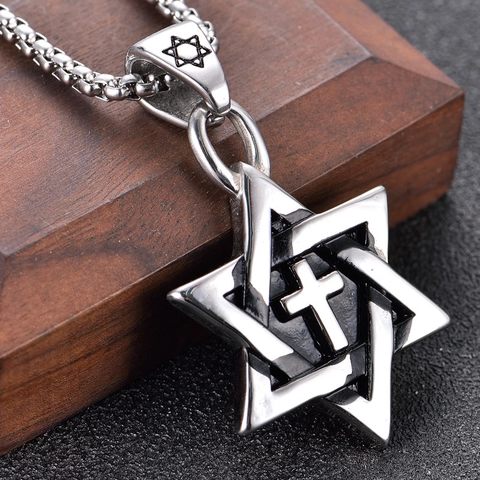 Collier Pendentif Croix Étoile de David pour Hommes en Acier Titane Vintage Bijoux Religieux en Acier Inoxydable Tons Argent