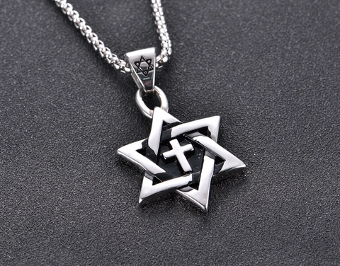 Collier Pendentif Croix Étoile de David pour Hommes en Acier Titane Vintage Bijoux Religieux en Acier Inoxydable Tons Argent