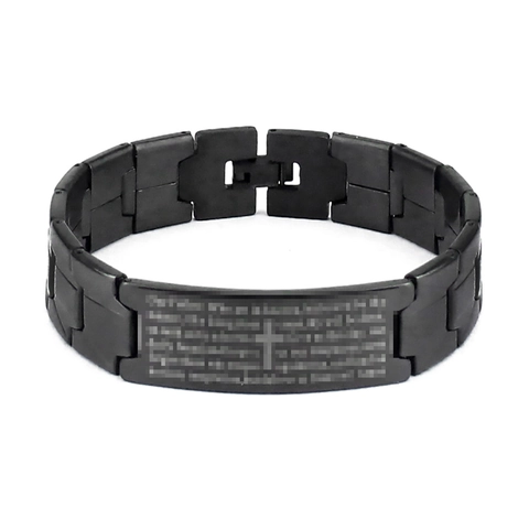 Bracciale a Croce in Acciaio Inossidabile Nero per Uomo Incisione Preghiera del Signore Catena a Maglie Punk Gioielli Religiosi Regalo