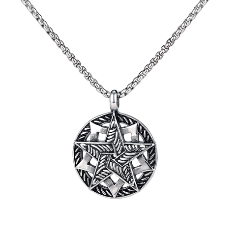 Hip Hop Vintage Stainless Steel Pentagram Pendant Necklace For Men Retro Hollow Star Round Medallion Punk Jewelry Gift