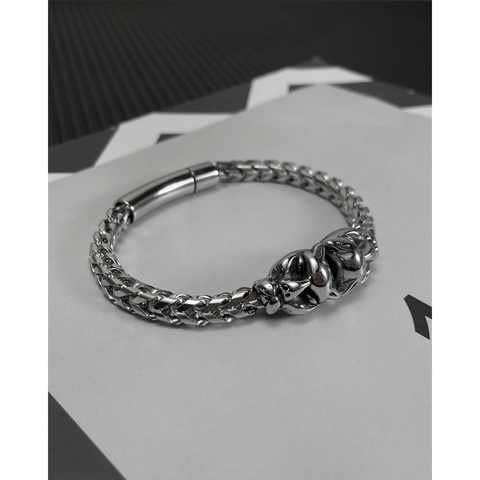 Bracciale da Uomo in Acciaio al Titanio Hip Hop Doppia Testa di Tigre Catena a Spiga Lucida Gioielli Punk Streetwear