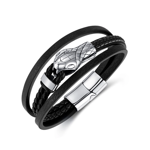 Bracciale Multistrato da Uomo in Pelle Vintage Testa di Serpente in Acciaio al Titanio Chiusura Magnetica Gioiello Biker