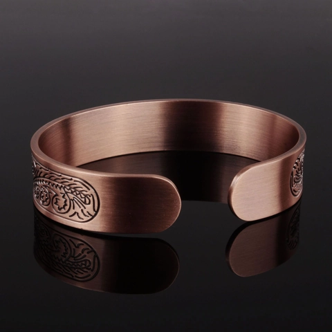 Vintage Red Copper Magnetic Therapy Bracelet For Men Viking Engraved Floral Pattern Adjustable Open Cuff Bangle Jewelry