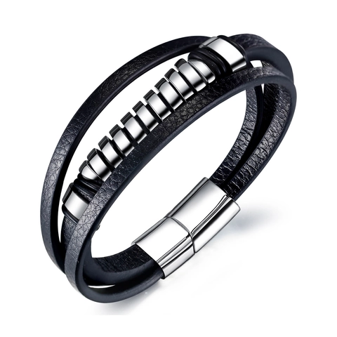 Bracciale da Uomo in Pelle e Acciaio al Titanio Hip Hop Street Multistrato Stile Punk Chiusura Magnetica in Acciaio Inossidabile Gioielli di Moda