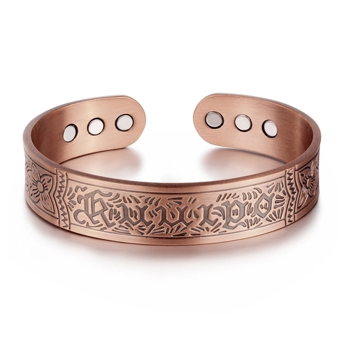Vintage Red Copper Magnetic Therapy Bracelet For Men Viking Engraved Floral Pattern Adjustable Open Cuff Bangle Jewelry