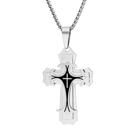Collana con Pendente a Croce in Acciaio Inossidabile Vintage per Uomo Donna Design Gotico Filigranato a Strati in Smalto Nero