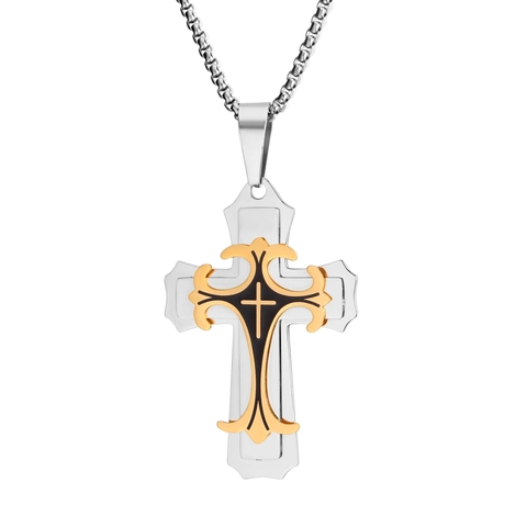 Collana con Pendente a Croce in Acciaio Inossidabile Vintage per Uomo Donna Design Gotico Filigranato a Strati in Smalto Nero