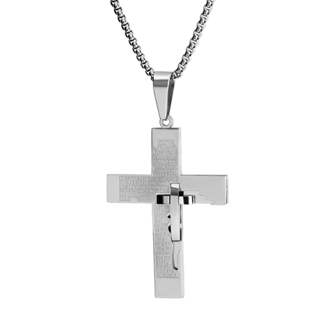 Collar con Colgante de Doble Cruz de Acero Inoxidable Para Hombres Mujeres Grabado Padre Nuestro Joyas Religiosas Minimalista Oro Plata