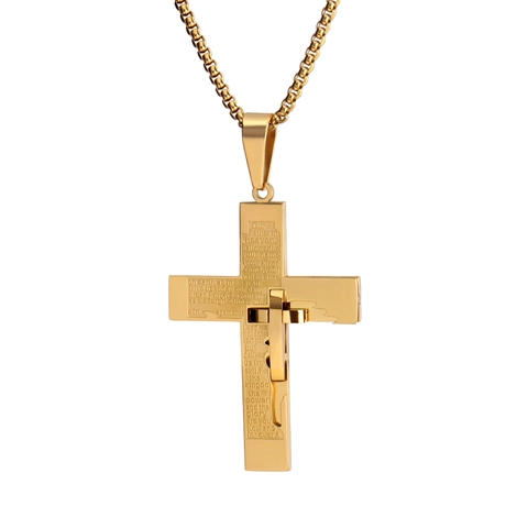 Collar con Colgante de Doble Cruz de Acero Inoxidable Para Hombres Mujeres Grabado Padre Nuestro Joyas Religiosas Minimalista Oro Plata