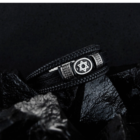 Bracciale da Uomo Multistrato in Pelle Sintetica Intrecciata Acciaio Inossidabile Ciondolo Stella di Davide Chiusura Magnetica